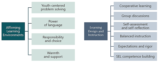 The figure shows two information trees.  The first reads Affirming Learning Environments and is linked to Youth Centered Problem Solving, the Power of Language, Responsibility and Choice, and Warmth and Support.  The second tree reads Learning Design and Instruction and is linked to Cooperative learning, Group discussions, self-assessment and self-reflection, balanced instruction, expectations and rigor, and SEL competence building